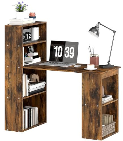 HOMCOM 120cm Modern Computer Desk Bookshelf Study Table Workstation PC Laptop Writing Home Office 6 Shelves, Rustic Brown Wood-Effect