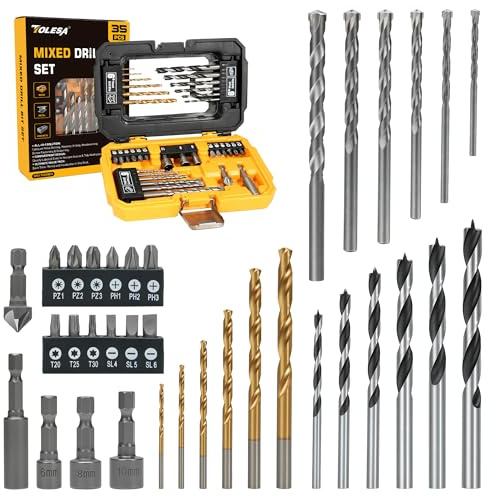 TOLESA Bohrer Set 35tlg für Holz, Metall und Stein, mit Senker und Koffer | Gemischtes Set aus Spiralbohrern, Holzbohrern, Steinbohrern, Steckschlüsseln 6/8/10 mm, S2 Bits, magnetische Verlängerung