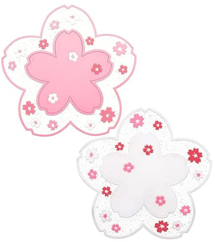2Pcs Sakura Coasters - Soft Heat Resistant Non-Slip PVC Coffee Mats, Cherry Blossom Flower-Shaped Cup Pads for Dining Table Home Office Use, Cute Insulated Placemat Decor - 11.5cm Diam White & Pink