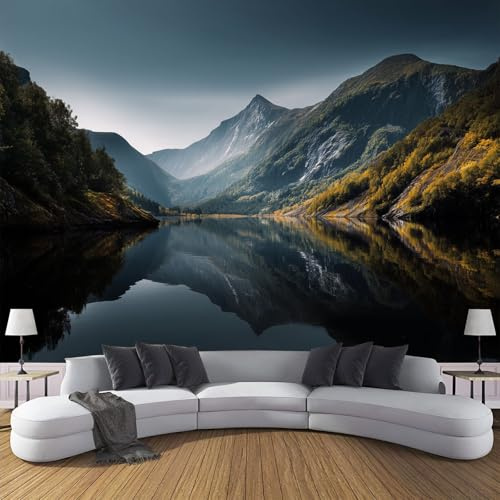 DACRWEKZ Papier Peint Panoramique Minimalisme, Papier Peint Mural Photo Motif Paysage Montagnes nordiques vert foncé, Tapisserie Panoramique Salon, Décoration Murale Chambre, 450 x 356 cm