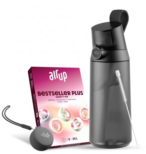 AIR UP Click Borraccia Midnight Black 600 ml – Set con 5 Capsule Aromatiche, Scovolino per Cannuccia e Custodia Twogo Nera | Senza Zucchero, Senza BPA