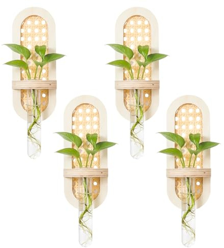 Singhoow 4 Pcs Wooden Rattan Wall Propagation Vases 8 Inch Wood Wall Vase Set Natural Boho Hanging Plant Flower Display for Hydroponics Plants Home Office Living Room Decor