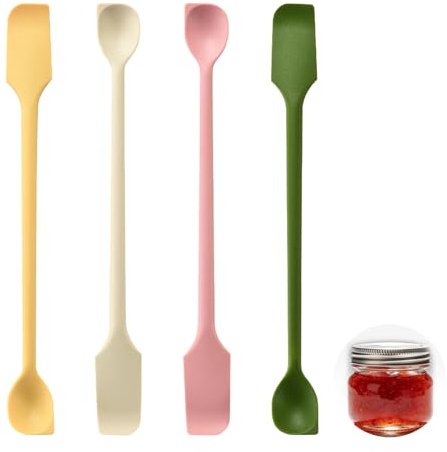4 Pack Small Silicone Jar Spatulas, 26 cm Double-Ended Scrapers | Long Narrow Spoon and Spatula Tools for Jars, Jam, Sauce and Mixing, Supplied in Green, Pink, Yellow and Cream