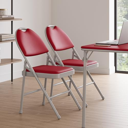 RBFGYIOP Klappstuhl 2er-Set, Mit PU-Leder Gepolstert Für Sitz Und Rücken, Stapelbarer Metall-Klappsessel, Gartenstuhl & Gästestuhl Für Wohnzimmer Veranstaltung Büro Esszimmer Balkon, Bis 160 kg, Rot