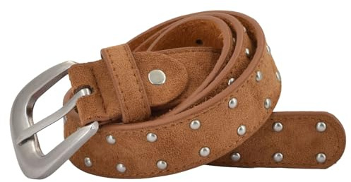 styleBREAKER Damen Nietengürtel Kugelnieten Velours | 3 cm Breite, Innenseite aus echtem Rindsleder. Nickelfreie Elemente, für Bundweiten 80-105 cm. Verschraubte Schließe.