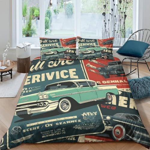 ZQKJXHNPCF Classic car Poster Bettdeckenbezug Microfaser 3 Teilig 3D Druck mit Reißverschluss Retro Automotive Bettbezug Kuschelig mit Kissenbezügen for Männer Einzel（140x200cm）