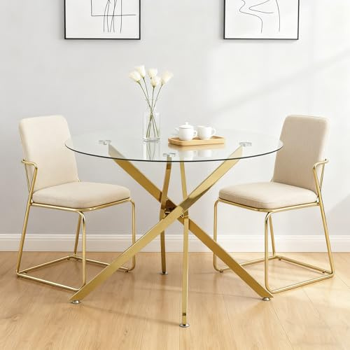 HYSZ Mesa de comedor de cristal, mesa de comedor redonda con tapa de cristal templado y patas doradas, mesa de centro, 80 × 80 × 76 cm, para sala de estar