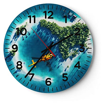 Modern Wanduhr Hubschrauber Ozean Insel Paradies 30x30cm Rund Klein Wand Uhr Glas Analog Zimmeruhren Küche Büro Wohnzimmer Glasuhr Wall Clock Dekoration Design Wanddekoration Küchenuhr C4AR30x30-2965