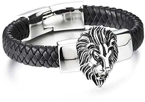 COOLSTEELANDBEYOND Grande Grand Bracelet en Cuir Tressé Homme - Acier Inoxydable Tête de Lion - Cuir Noir Véritable
