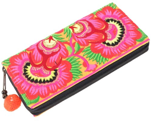 GURU SHOP Besticktes Ethno Portemonnaie Chiang Mai, 100% Baumwolle, kurkuma | Traditionelles Design, Reißverschluss, vier offene Fächer, Kartenfächer, florale Muster, lebendige Farben