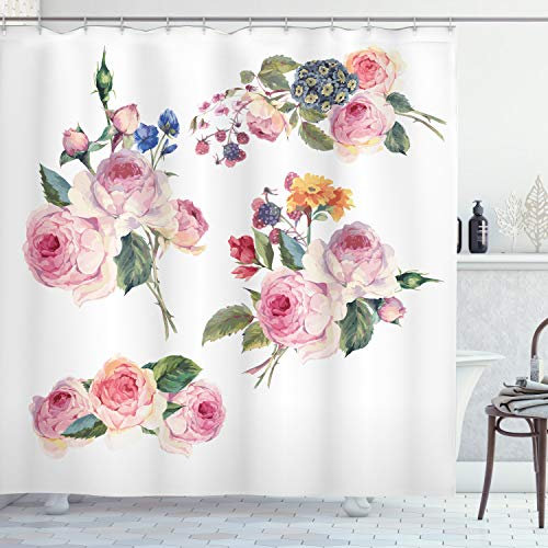 ABAKUHAUS Rose Duschvorhang, Englisch Wild Roses Bouquet, Stoffliches Gewebe Badezimmerdekorationsset mit Haken, 175 x 200 cm, Reseda Grün Rosa