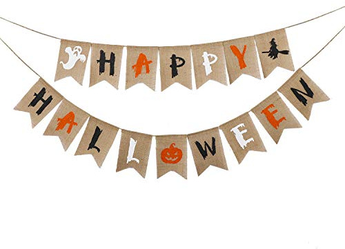Yiphates Cartel de tela de arpillera con texto en inglés Happy Halloween, bandera con diseño de calabaza, bruja fantasma, para decoración de fiesta de Halloween