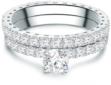 Trilani Damen Set (Ring 2er) 925/- Sterling Silber | rhodiniert, Solitärring/Bandring, Zirkonia, weiß, Brillantschliff