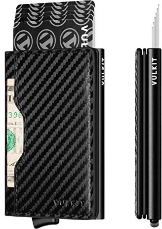 VULKIT Petit Portefeuille Homme RFID Anti Piratage Porte Carte Homme Pop Up Porte-Cartes Bancaires Metallique, Fibre de Carbone