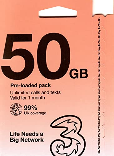 Three UK New PrePaid Europe UK Three SIM Card 50GB Data Un Minutes/Texts for 30 Days with Free Roaming/USE in 71 Destinations Including Europe, South America and