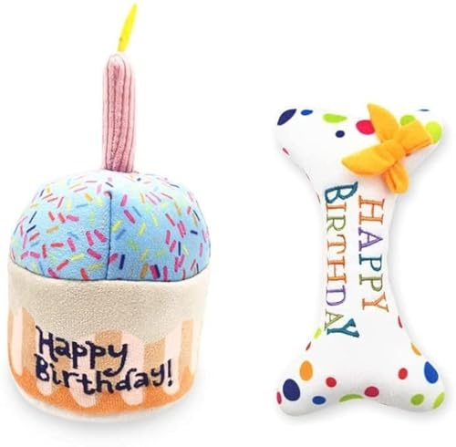 通用 Pet Dog Cake & Bone Squeaky Soft Plush Toy - Celebrate Your Dog's Birthday