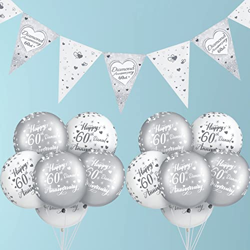 13 Stück 60. Hochzeit Jahrestag Dekoration Set 60. Jahrestag Diamant Hochzeit Luftballons 60. Jahrestag Latex Ballons Hochzeit Banner Ammer Flaggen für Partybedarf Valentinstag