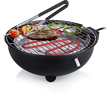 Barbecue elettrico da tavolo e pinza per barbecue, nero con vaschetta raccogli-acqua, superficie griglia Ø 30 cm – 1250 Watt