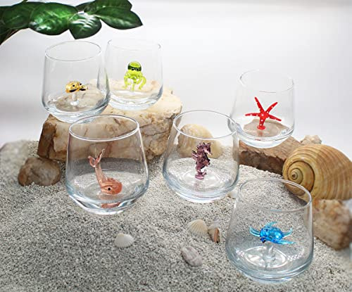 HeguSun Set di tazze di vetro con figure oceaniche fatte a mano in 3D, 6 pezzi, 345 cc
