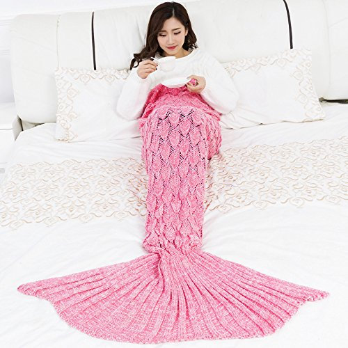 Devola Meerjungfrau Decke Damen mit Stricken Muster Winter warme Handarbeit Meerjungfrau Decke Weiche Schlafsack Tasche Niedlich Meerjungfrau-Geschenk Rosa 195x95cm 1 Stück