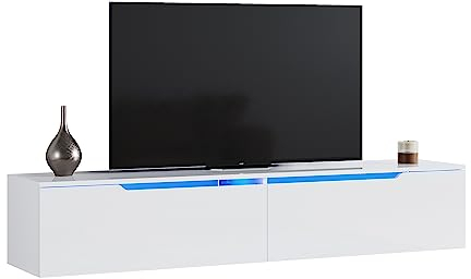 SONNI Lowboard, TV-Schrank Weiß, Hochglanz hängend, 160x35x30cm, Fernsehtisch mit LED-Beleuchtung(12 Farben können eingestellt Werden), Fernseherschank, TV-Regal, Griffloses Design. GTV009W-160-1
