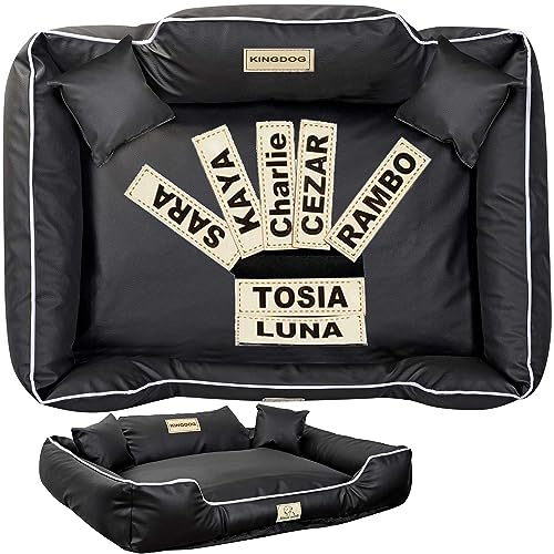 Hundebett, Personalisierte Anti-Rutsch, Abnehmbar Hundekissen, Hundekorb, Hundesofa, Hundecouch, Sofa, Erhöhte Ränder, Eco Leder, KINGDOG, Schwarz (75x65 cm)