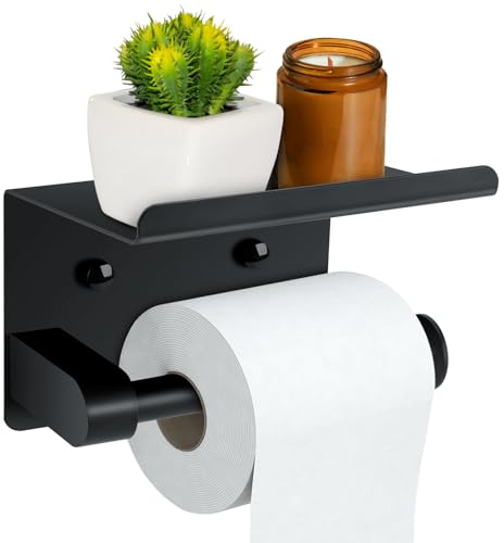 TAOPE Toilet Roll Holder with Phone Shelf, Self Adhesive Toilet Paper Holder, Stainless Steel Wall Mounted Toilet Paper Roll Holder, Bathroom Washroom Tissue Roll Holder with Shelf - Black