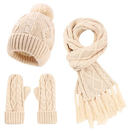 Damen Herbst- und Wintermütze und Schal, Set für Winter, Strickmütze, Schal, Handschuhe, einfarbig, plus Samt, Wolle, warm, dreiteiliges Set, beige, One size