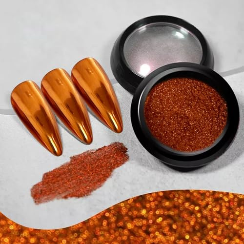 Holographic Mirror Nail Powders Chrome Gold Effect Pure Metallic Dust Sequins UV Gel Copper Nail Chrome Powder for Nails Art Decoration,Copper Chrome Nail Powder (Copper, M)