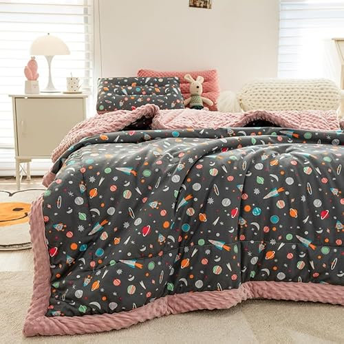 Baumwolle Wohndecke 150x200 cm Polar Fleece Decke Weiche Flauschige Winter Wärme Dick Kinder Kuscheldecken Couchdecke Tagesdecke Planet Rakete Muster Bettdecke Doppelseitige Blanket für Mädchen Junge