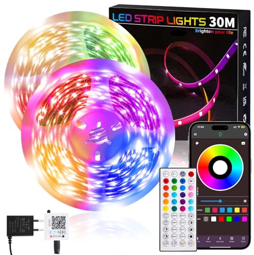 YIIFELL Tira LED, Luces LED Habitacion 30m, Tiras Led de Interior Tira LED RGB con App y Mando a Distancia, Bluetooth Modo de MúSica, LED Strip Light para DecoracióN TV,Bares,Cocina,Fiestas