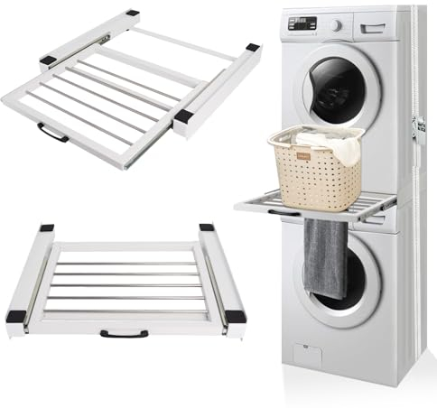 Zwischenbaurahmen Waschmaschine Trockner, 60cm Stapelbausatz/Verbindungsrahmen für Waschmaschine und Wäschetrockner mit Ausziehbarer Handtuchhalter aus Stahl mit Ratschenseil(Weiß)