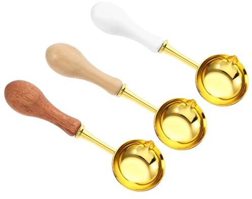 PATIKIL 4 Wax Seal Spoon, 3Pcs Wax Sealing Melting Spoon Brass Vintage Wooden Handle for Wax Seal Stamp Envelope Art Craft, White, Wood Color, Rosewood Color/Golden