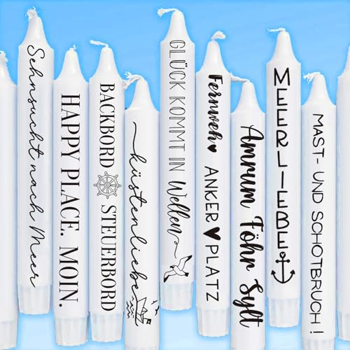 Kerzentattoos,Kerzensticker und Kerzentattoos im maritimen Stil, darunter Wasserschiebefolie mit Motiven wie Möwen, Meer, See und Anker, sowie Sprüche für Kerzen oder Keramik. (Meer)