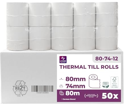 Thermorollen 80mm x 74mm x 12mm - Kassenrollen - Bonrollen für Registrierkasse mit Bondrucker - Thermopapier – BPA Frei (50 Rollen)