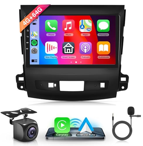 4G+64G Wireless Carplay Android 13 Autoradio 2 Din für Mitsubishi Outlander 2/Peugeot 4007/Citroen C-Crosser 9 Zoll Autoradio mit Android Auto Navi GPS WiFi Mirror Link Bluetooth FM/RDS Rückfahrkamera