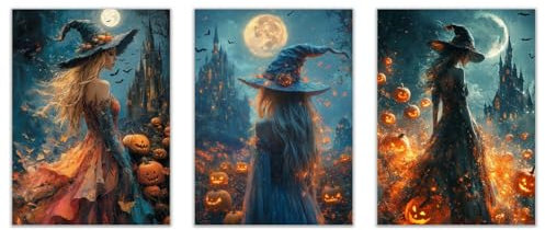 JOSUE 3er Set Orange, grau Halloween GemäLde Painting Bilder Leinwand, Hexe Halloween Decorations Bild Kunstdrucke Wohnzimmer Deko Xxl-30x45cmx3 Ungerahmt