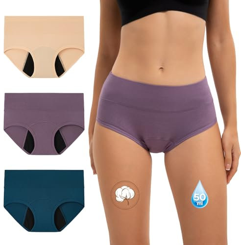 INNERSY Period Underwear Heavy Flow High Waist Menstrual Pants Ladies Incontinence Knickers Pack of 3 (18, Lake Blue/Purple/Beige)