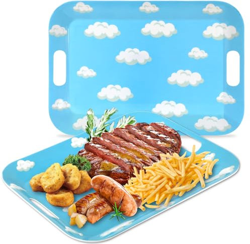 gisgfim 2Pcs Sky White Cloud Serving Trays with Handles, 16 x 11 Inch Large Melamine Rectangular Blue Serving Platter, Stackable, Easy to Clean, Ideal for Food, Outdoor, Dinner, Dessert, Party