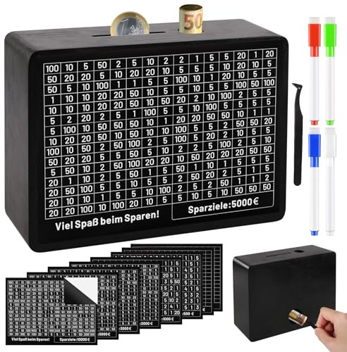 CHWNIBAY Spardose Holz, Sparbox mit Zahlen Ankreuzen, Montagefrei Spardose, Fördere Spargewohnheit bei Erwachsenen und Kindern (€500-€10,000)