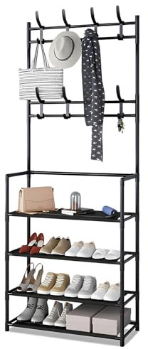 Coat Stand for Hallway,3-in-1 Coat Rack with Shoe Storage 8 Hooks,Free Standing Shoe Rack with Coat Hanger Clothes Rail Coat And Shoe Rack Storage Unit for Entryway,Bedroom,Living Room (4-tier Black)