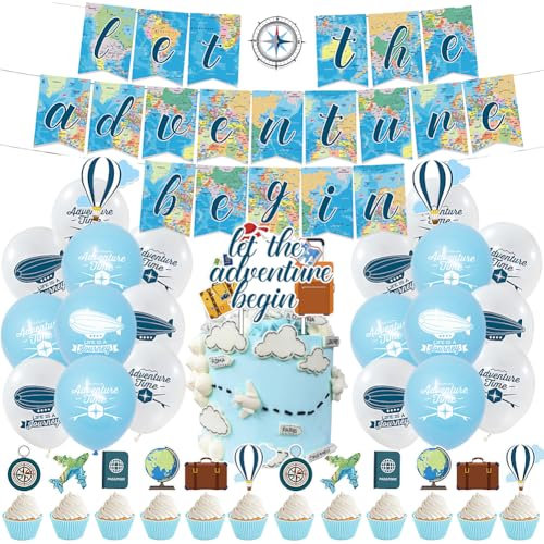 34 Stück Reise Thema Party Dekoration Set,Global Travel Party Dekoration,Reise Motto Cake deko Umfasst Luftballons Banner für Jungen Mädchen Kinderparty Dekoration