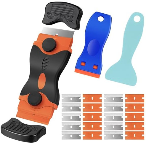 WOLMIK Raschietto a doppia lama con 10 lame in metallo + 10 lame in plastica, raschietto multiuso per la pulizia di adesivi, decalcomanie, finestre