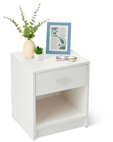 Amazon Basics Nachttisch, Nachtschrank mit 1 Schublade, Schlafzimmerschrank, Weiß, 47cm x 40cm x 36cm