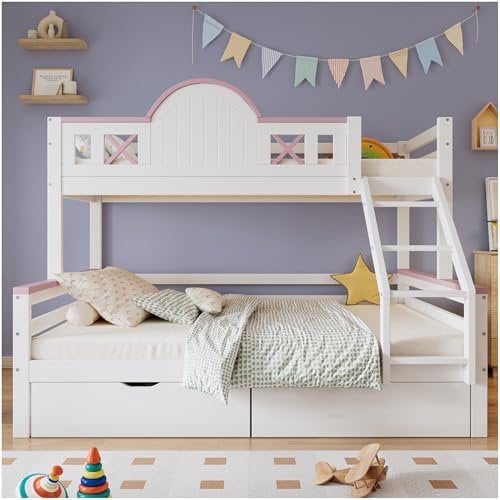 Lubvtti Letto a castello per bambini con 2 cassetti,letto per bambini 90x200cm&140x200cm,forma unica della finestra,struttura letto matrimoniale in legno massiccio con rete a doghe,bianco+rosa