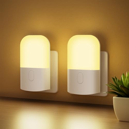 GRIFEMA Plug in Night Light 2 Pack with Dusk to Dawn Sensor, White | 3 Level Adjustable 2700K Warm White Kids Night Light for Bedrooms, Hallways and Stairs
