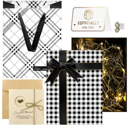 Geschenkbox mit Deckel, 25×18×8.8cm Geschenkkarton mit Deckel mit Tragetasche, Liebeskarte und 2M Verstellbarer Lichterkette, Geschenkverpackung Box für Hochzeit Geburtstag Weihnachten