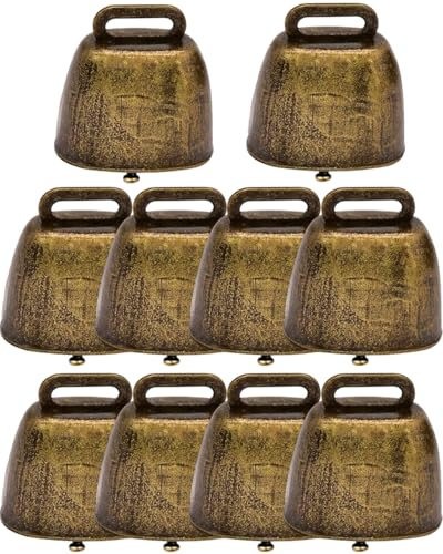 KGDUYC 10 Stück Mini Kuhglocke Vintage Eisenglocke Ziegenglocke Metall Haustier Glocken Haustier Halsband Bauernhof Tierglocke für Rinder Kuh Pferd Schafe, Bronze
