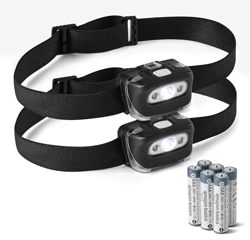 Amazon Basics LED Stirnlampe, 7 Lichtmodi, Verstellbar, Rotes Sicherheitslicht, IPX4 Wasserfest, Camping & Outdoor, Batterien Inklusive, Schwarz, 2er-Pack