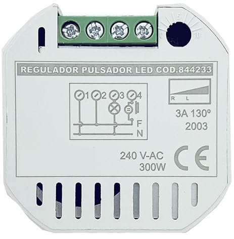 Pastilla reguladora de pulsación para LED, máxima potencia 300W, ideal para controlar iluminación y mejorar eficiencia energética.
